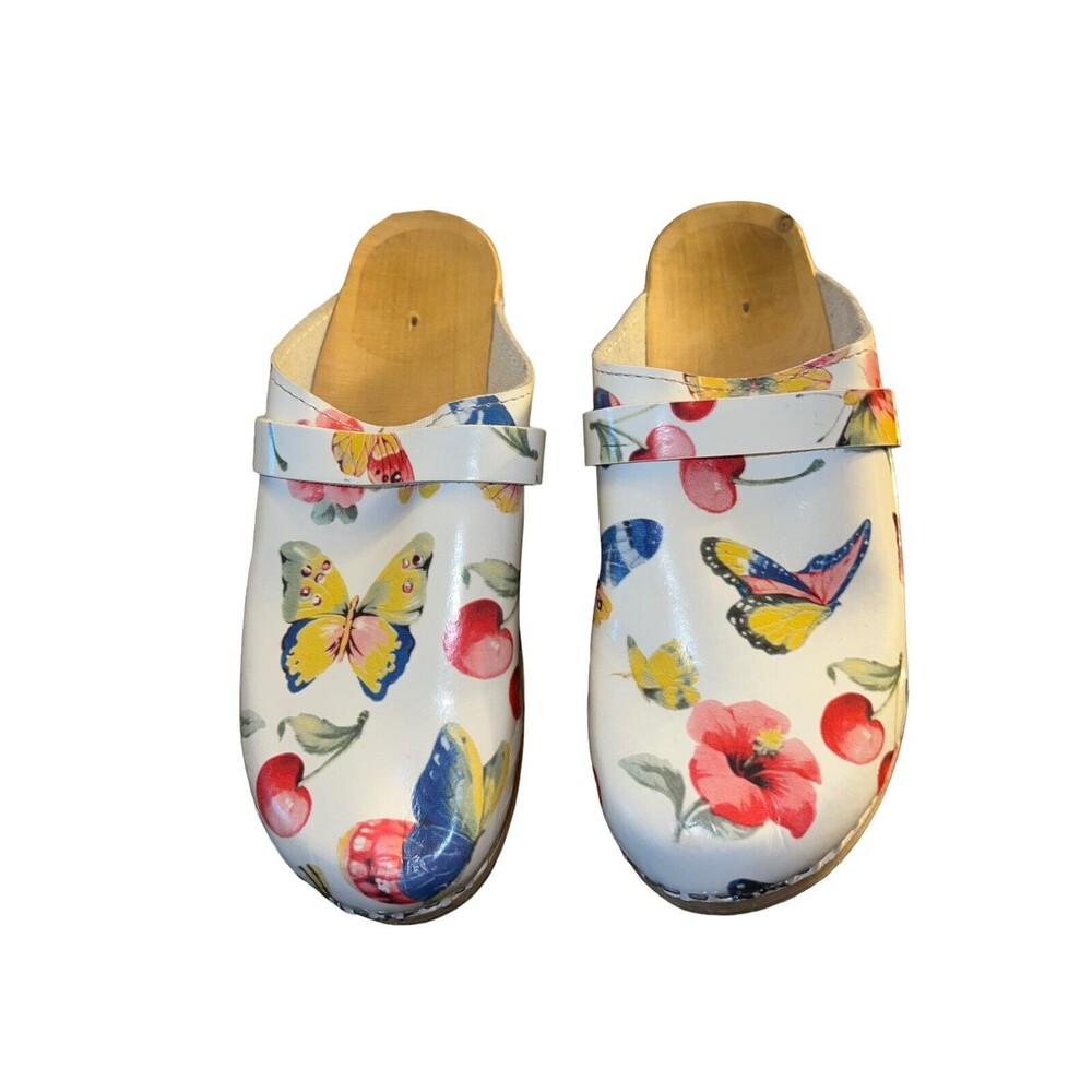 Swedish EU 40 White Butterfly Cherry Leather Molded Footbed Slip-On Clogs